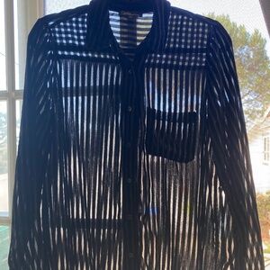 Vintage Dalia Black Velvet Sheer Striped Button Up Long Sleeve Blouse Sz M